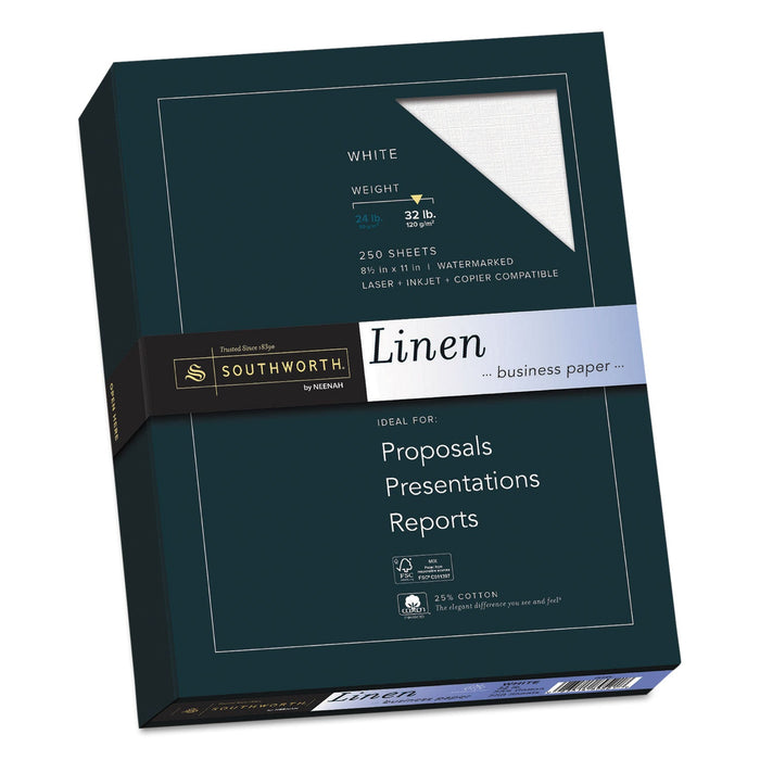 Southworth 25% Cotton Linen Business Paper, 32 lb Bond Weight, 8.5 x 11, White, 250/Pack