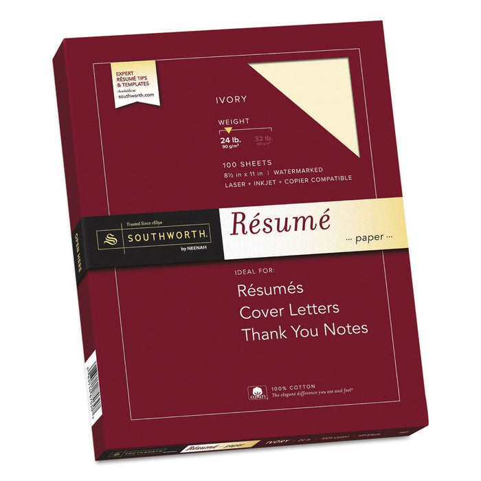 Southworth 100% Cotton Resume Paper, 24 lb Bond Weight, 8.5 x 11, Ivory, 100/Pack