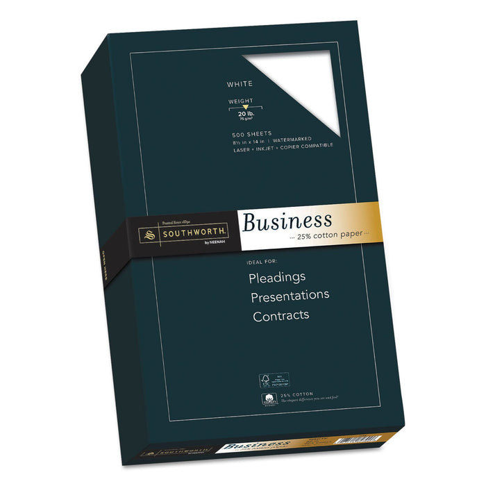 Southworth 25% Cotton Business Paper, 95 Bright, 20 lb Bond Weight, 8.5 x 14, White, 500 Sheets/Ream