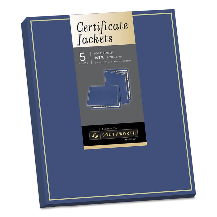 Southworth Certificate Jacket, Navy/Gold Border, 88-lb Felt Finish Stock, 12 x 9.5, 5/Pack