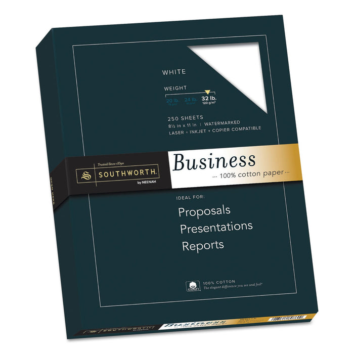 Southworth 100% Cotton Business Paper, 95 Bright, 32 lb Bond Weight, 8.5 x 11, White, 250/Pack