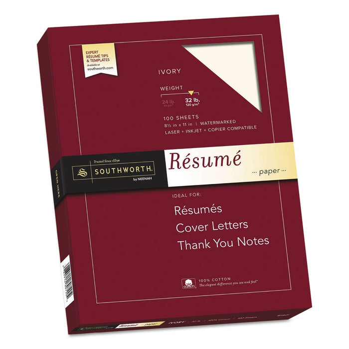 Southworth 100% Cotton Resume Paper, 32 lb Bond Weight, 8.5 x 11, Ivory, 100/Pack