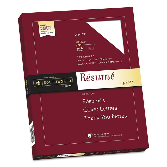 Southworth 100% Cotton Resume Paper, 95 Bright, 24 lb Bond Weight, 8.5 x 11, White, 100/Pack