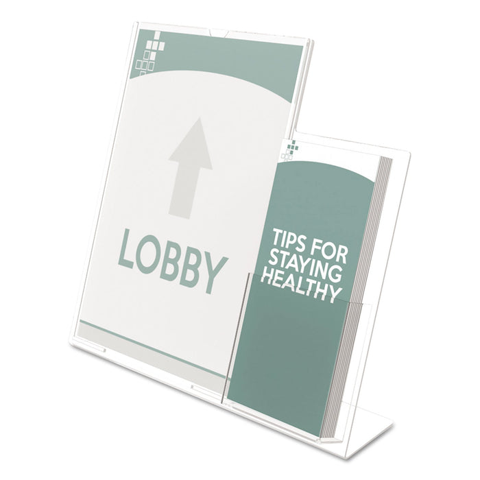 deflecto Superior Image Slanted Sign Holder with Side Pocket, 13.5w x 4.25d x 10.88h, Clear