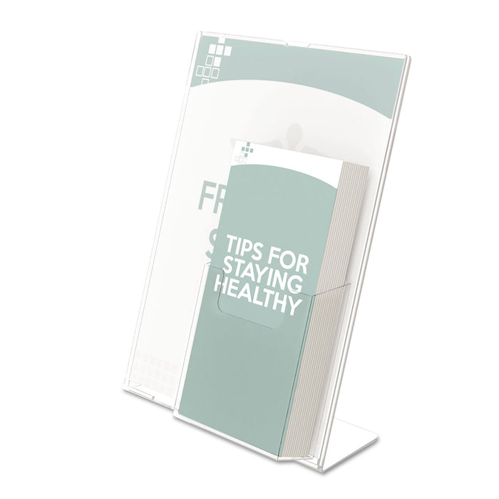 deflecto Superior Image Slanted Sign Holder with Front Pocket, 9w x 4.5d x 10.75h, Clear