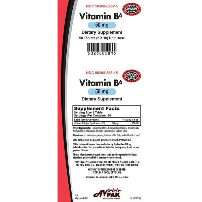 AvKARE Vitamin B6 Tablets, 50mg by Pasteur Pharmacy