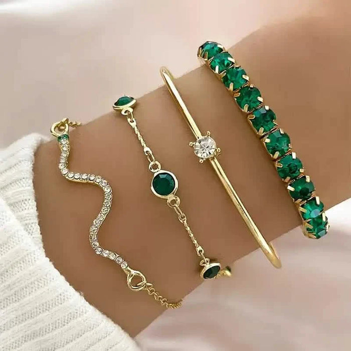4pcs Green Emerald Rhinestone Snake Bracelet Set for Women by DailySale