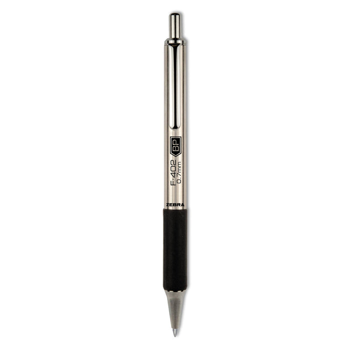Zebra F-402 Ballpoint Pen, Retractable, Fine 0.7 mm, Black Ink, Stainless Steel/Black Barrel