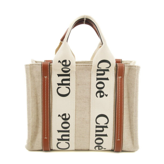 Chloe Woody Small Canvas &amp; Leather 2 Way Handbag Beige x black #2694 by Bolt Boutique
