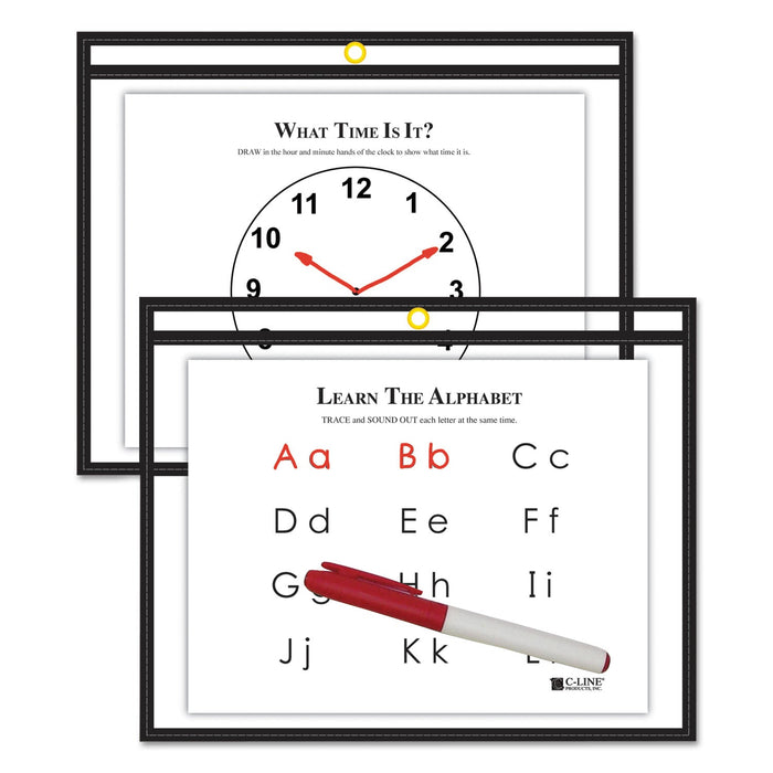 C-Line Reusable Dry Erase Pockets, 12 x 9, Black
