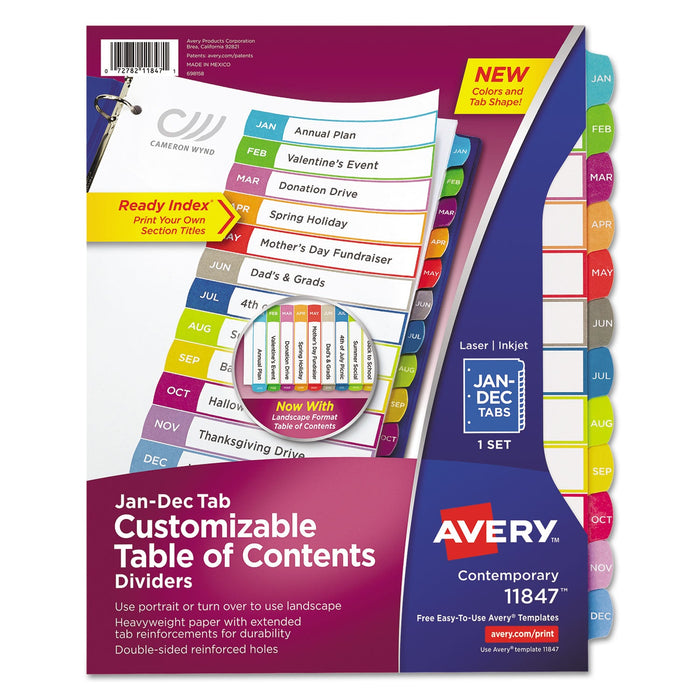 Avery Customizable TOC Ready Index Multicolor Tab Dividers, 12-Tab, Jan. to Dec., 11 x 8.5, White, Contemporary Color Tabs, 1 Set