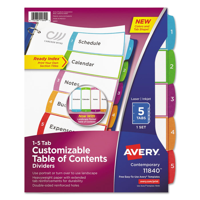 Avery Customizable TOC Ready Index Multicolor Tab Dividers, 5-Tab, 1 to 5, 11 x 8.5, White, Contemporary Color Tabs, 1 Set