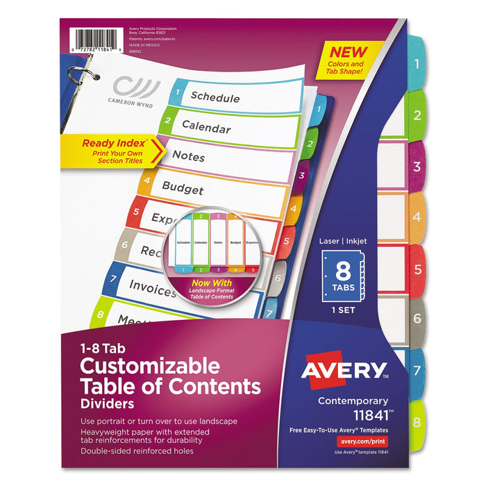 Avery Customizable TOC Ready Index Multicolor Tab Dividers, 8-Tab, 1 to 8, 11 x 8.5, White, Contemporary Color Tabs, 1 Set