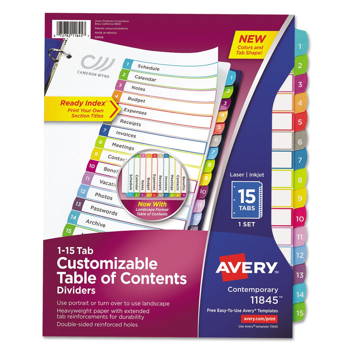 Avery Customizable TOC Ready Index Multicolor Tab Dividers, 15-Tab, 1 to 15, 11 x 8.5, White, Contemporary Color Tabs, 1 Set