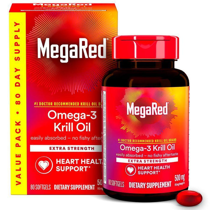 MegaRed Extra Strength Omega-3 Krill Oil 500mg - Heart Health Support, 80 Softgels by Pasteur Pharmacy