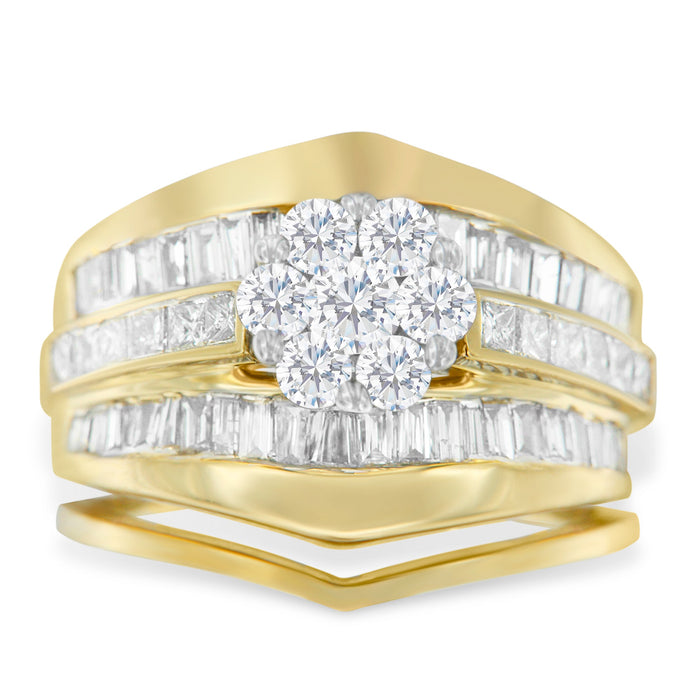 14K Yellow Gold 2-1/3 Cttw Diamond Cluster Channel Set Chevron Shaped Band Engagement Ring & Wedding Band Set by Bids.com