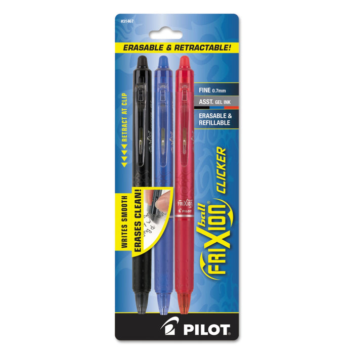 Pilot FriXion Clicker Erasable Gel Pen, Retractable, Fine 0.7 mm, Three Assorted Business Ink and Barrel Colors, 3/Pack