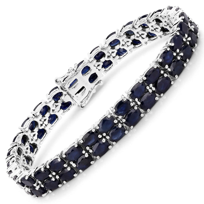 28.80 Cttw Oval Blue Sapphire Prong Sterling Silver Two Row Tennis Bracelet by Fine Color Jewels