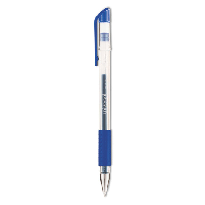 Universal Comfort Grip Gel Pen, Stick, Medium 0.7 mm, Blue Ink, Clear Barrel, Dozen