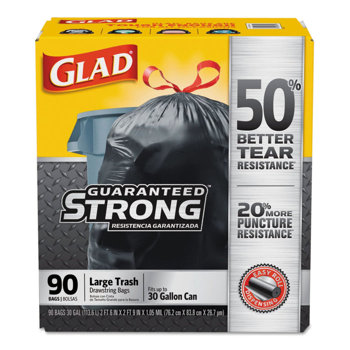 Glad Drawstring Large Trash Bags, 30 gal, 1.05 mil, 30" x 33", Black, 90/Carton