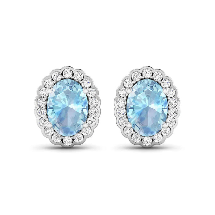 1.40 Ct Oval Blue Aquamarine & Diamond Prong 14k Gold Halo Stud Earrings by Fine Color Jewels