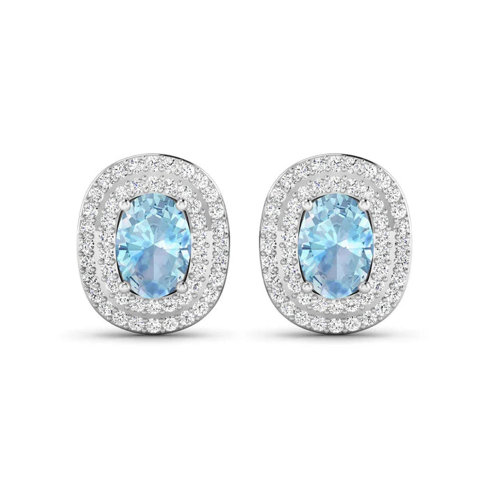Genuine Diamond and Aquamarine Oval Stud Earrings by Fine Color Jewels