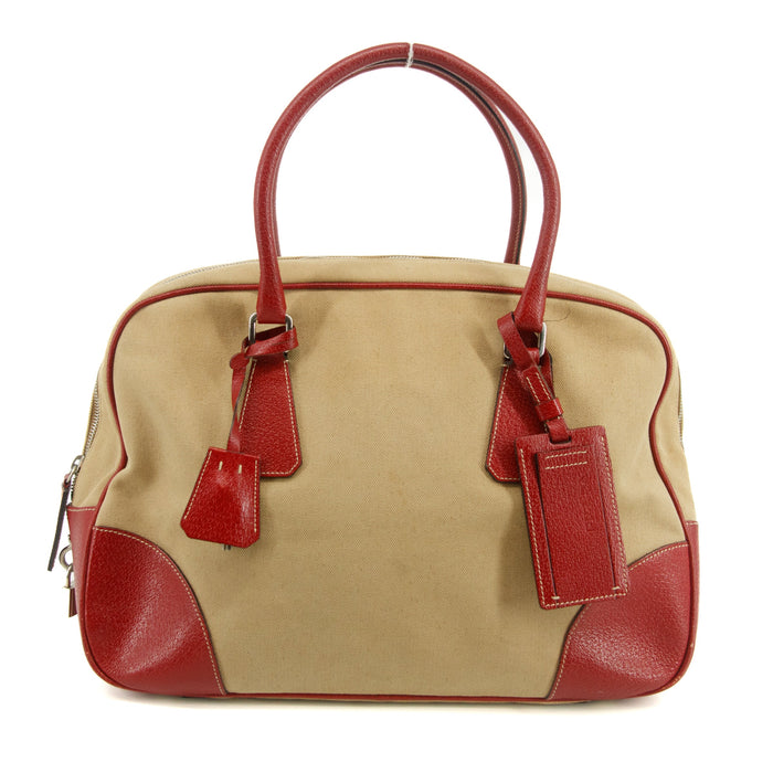 Prada Cinghiale Trimmed Canapa Handbag Beige / Red #2850 by Bolt Boutique