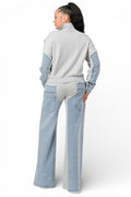 Mixed Material Denim Zip Up Jacket & Wide Leg Pants Set by The House of Stylez