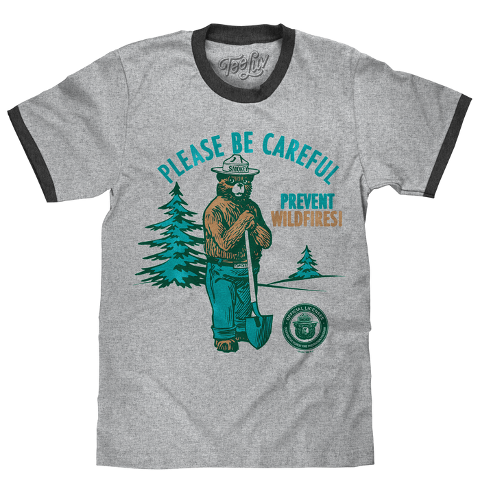 Smokey Bear Please Be Careful Prevent Wildfires Ringer T-Shirt - Gray and Black by Tee Luv