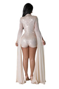 Champaign Colored Sequin Romper w/ Floor Length Sleeves by The House of Stylez