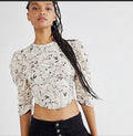 Free People Corset Style Puff Sleeve Floral Open Back Top, Beige, Size Large by Vanessa Jane