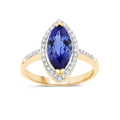 2.06 Ct Marquise Violet Tanzanite Diamond Prong 14K Yellow Gold Halo Pave Bridge Ring by Fine Color Jewels