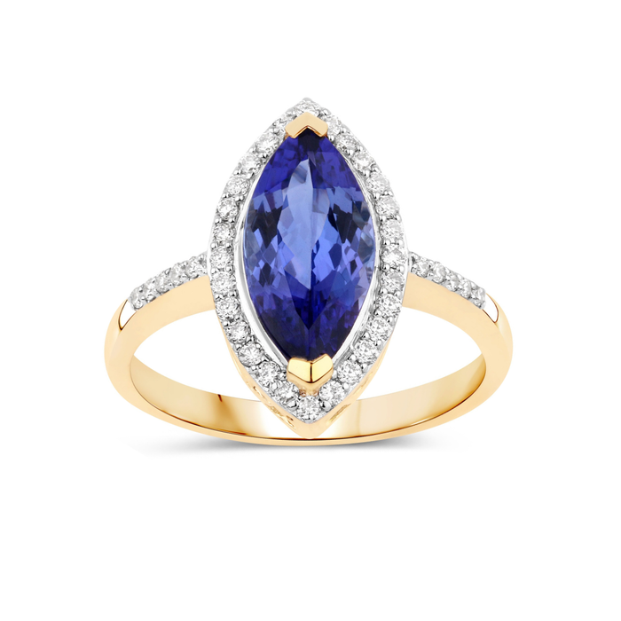 2.06 Ct Marquise Violet Tanzanite Diamond Prong 14K Yellow Gold Halo Pave Bridge Ring by Fine Color Jewels