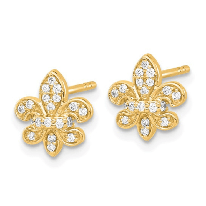 14K Gold Lab Diamond Fleur de Lis Post Earrings by Fine Color Jewels