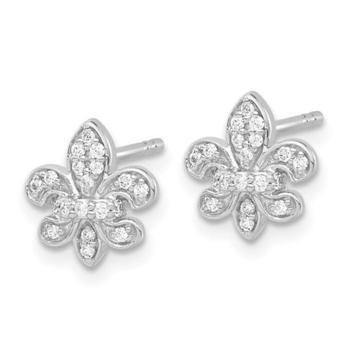 14K White Gold Lab Diamond Fleur de Lis Post Earrings by Fine Color Jewels