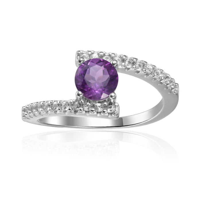 1.11 Ct Round Purple Amethyst and White Sapphire Prong Silver Bypass Solitaire Ring by Fine Color Jewels