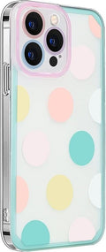 iPhone 14 Pro Max Protection Kit Bundle - Polkadot Hybrid-Flex Hard Shell Case with Tempered Glass Screen and Camera Protector (Clear/Pink/Teal) by Zerodamage Sahara Case LLC