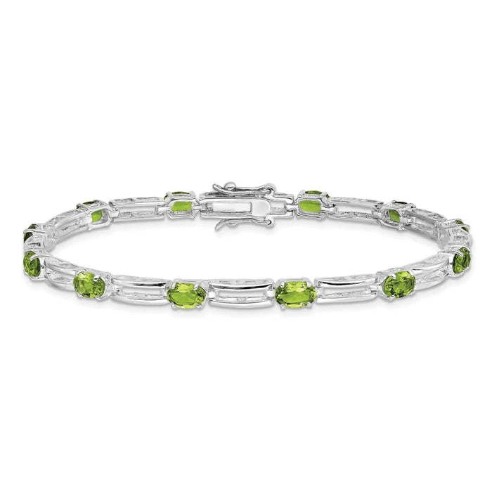 Oval Green Peridot Prong Rhodium Plated Sterling Silver Bar Link Bracelet by Fine Color Jewels