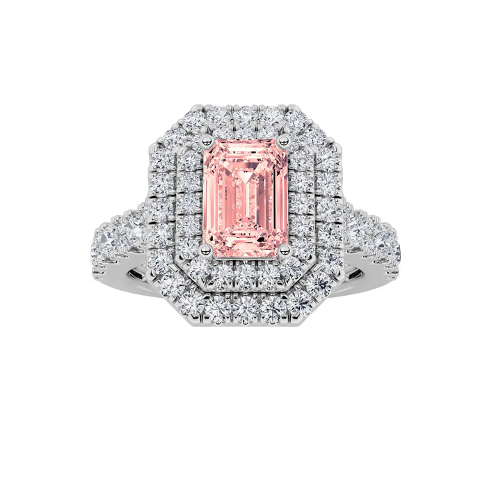 2Cttw Emerald Shaped Pink Lab Grown Diamond (F/VS) Double Halo Engagement Ring 14K Gold by Fine Color Jewels