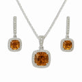 Silver Natural Cushion Citrine Earrings and Necklace Jewelry Sets by Fine Color Jewels