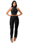 Mock Neck Sleeveless Crop Top & Side Fringe Pants Set