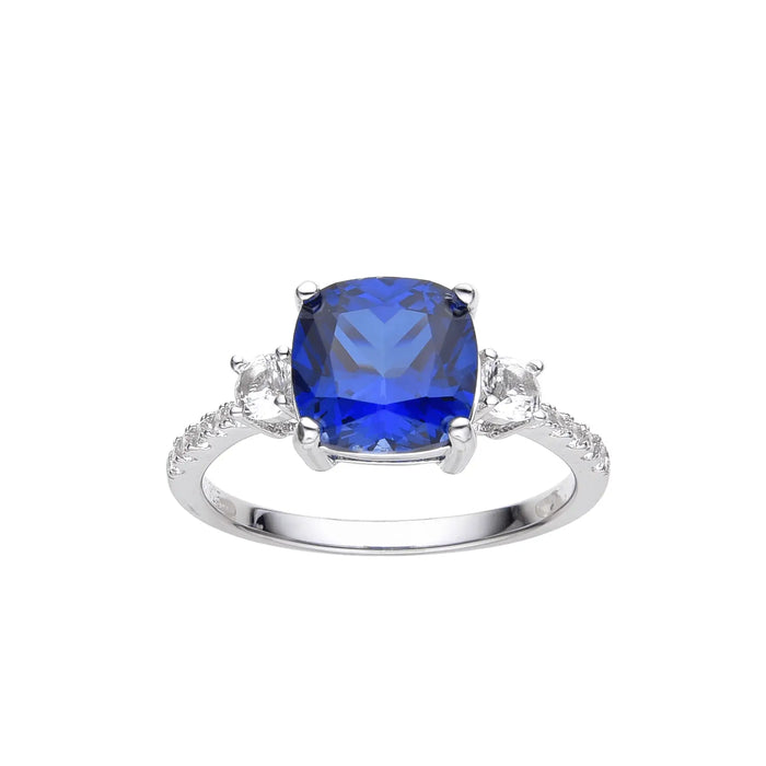 3.00 Ct Cushion Lab Created Blue Sapphire Prong Silver Three Stone Ring by Fine Color Jewels