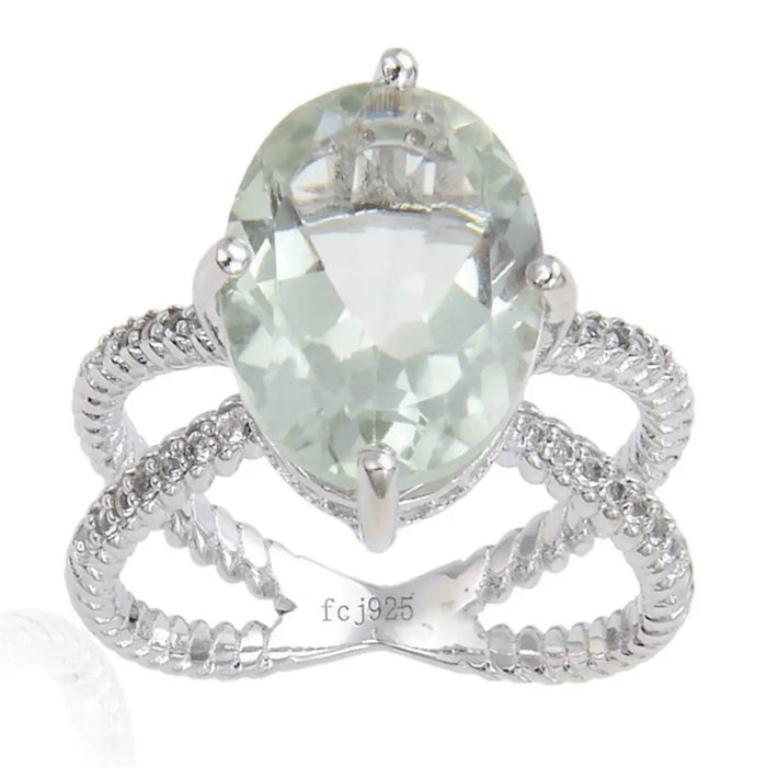 3.00 Ct Oval Green Amethyst Prong Silver Solitaire Cocktail Ring by Fine Color Jewels