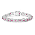 3.12 Ct Round Pinkish Red Johnson Ruby Square Halo Sterling Silver Tennis Bracelet by Fine Color Jewels