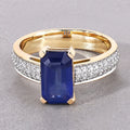 3.14 Ct Octagon Ceylon Blue Sapphire and White Diamond Prong 18K Yellow Gold Pave Bridge Ring by Fine Color Jewels