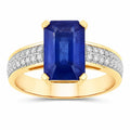 3.14 Ct Octagon Ceylon Blue Sapphire and White Diamond Prong 18K Yellow Gold Pave Bridge Ring by Fine Color Jewels