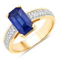 3.14 Ct Octagon Ceylon Blue Sapphire and White Diamond Prong 18K Yellow Gold Pave Bridge Ring by Fine Color Jewels