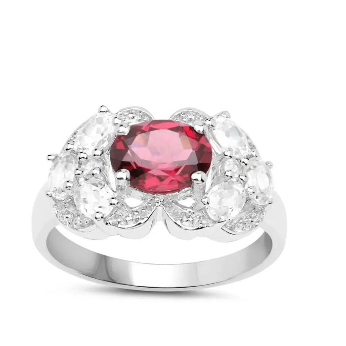 3.16 Ct Oval Red Rhodolite Garnet and White Zircon Prong Silver Cocktail Ring by Fine Color Jewels