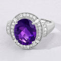 3.20 Ct Oval Purple Amethyst and Lab Diamond Prong Silver Halo Statement Ring by Fine Color Jewels