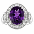 3.20 Ct Oval Purple Amethyst and Lab Diamond Prong Silver Halo Statement Ring by Fine Color Jewels